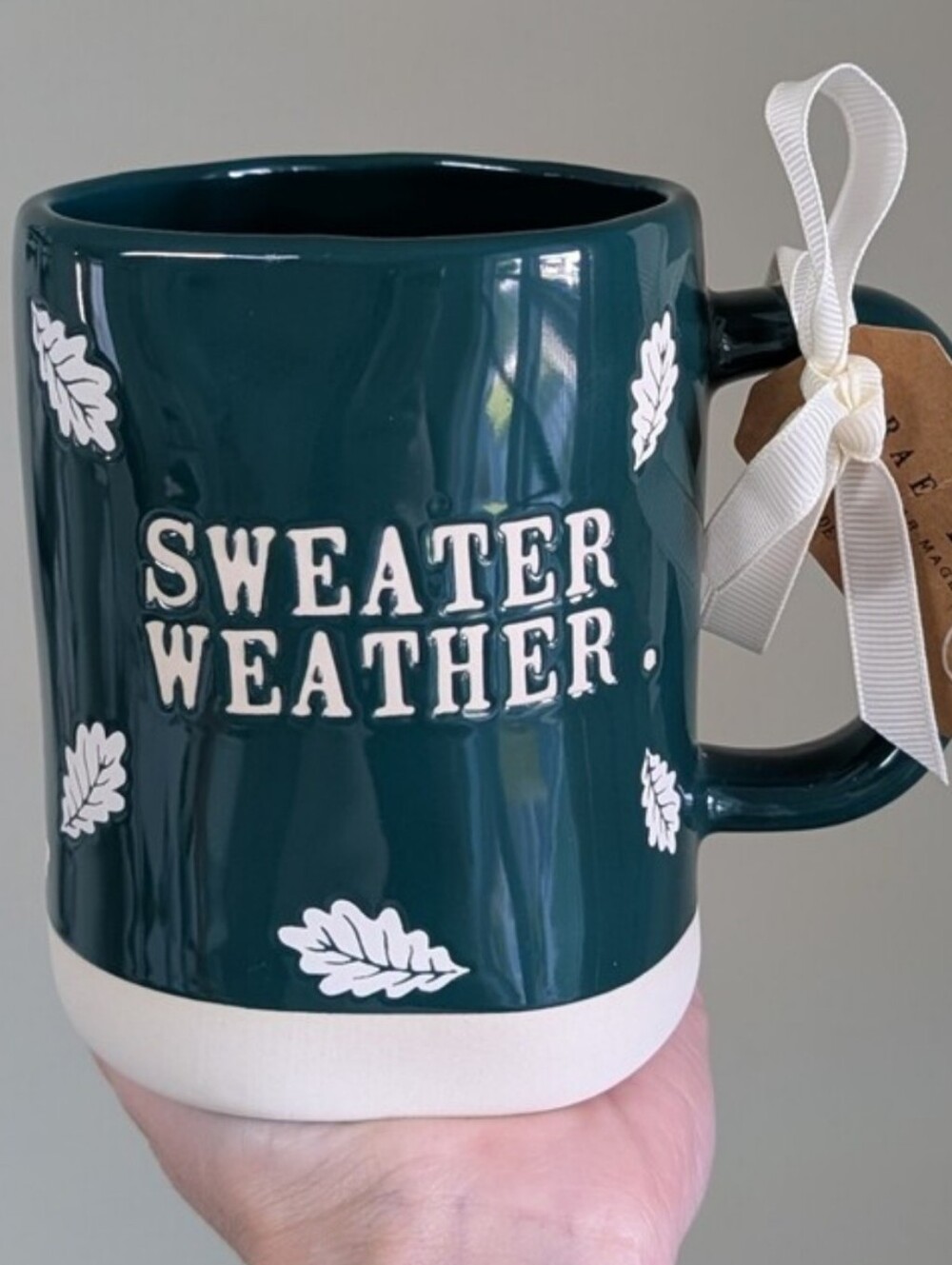 Rae Dunn SWEATER WEATHER Autumn Mug with Clay Base, Emerald Green 💚